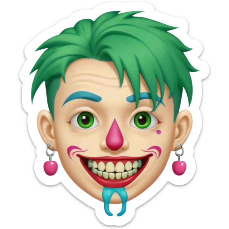 very colorful puffy green haired man made out of candy wearing teeth-braces and excessive face tattoos and excessive piercing just face  sticker