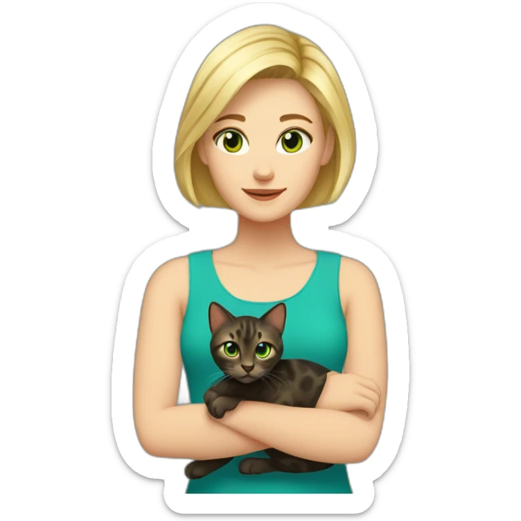 Blonde woman with short hair and blue green eyes with her dark tortoise shell cat sticker