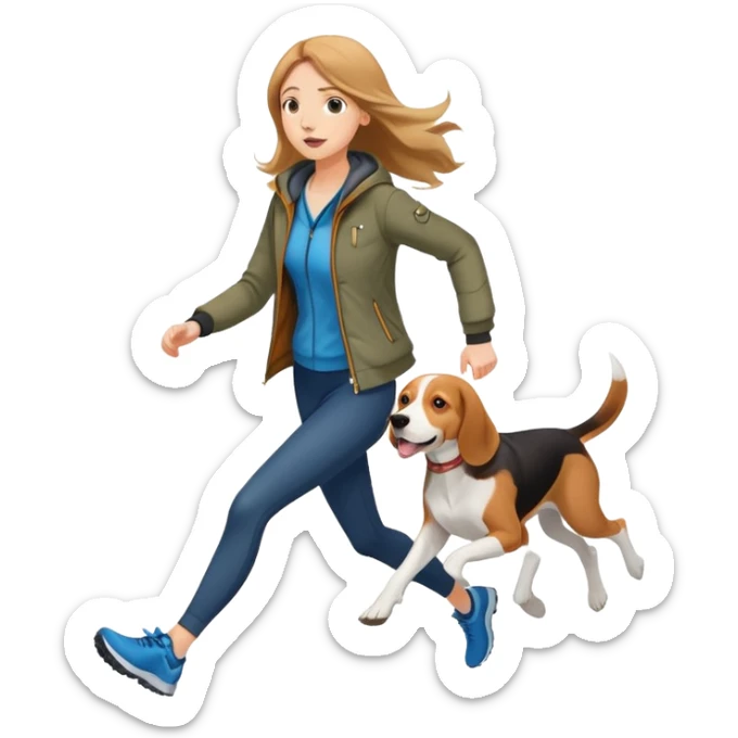 A beautiful tall girl with fair skin and long hair wearing a jacket and running with a beagle sticker