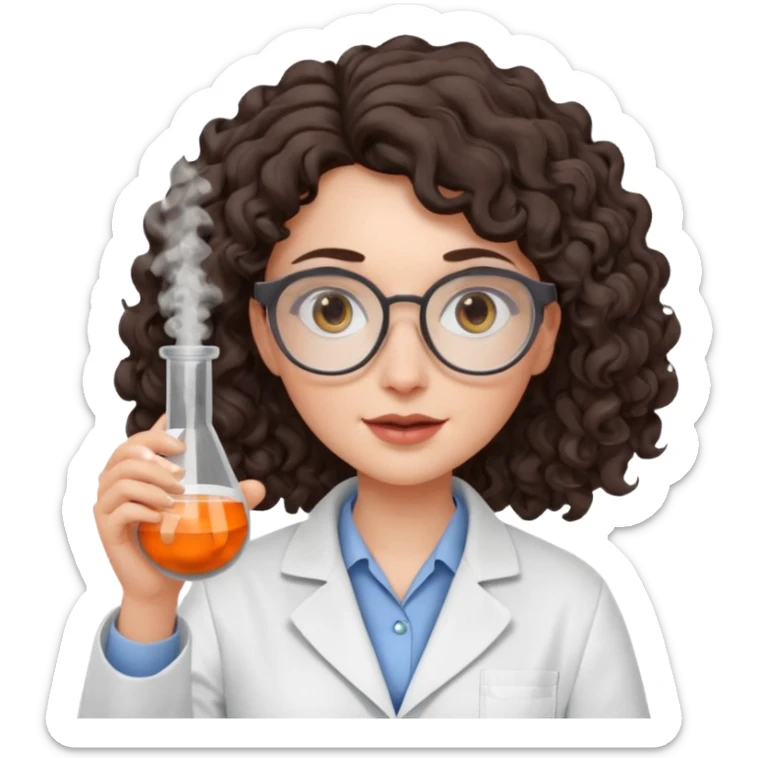 A crazy female scientist, with curly dark brown hair, brown eyes and grey glasses and pale skin  sticker