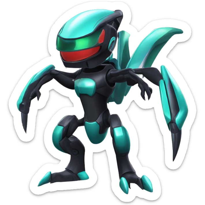 a shiny black Genesect-Flygon-Raptor-Fakémon-Medabot-hybrid with a futuristic visor-helmet full body sticker