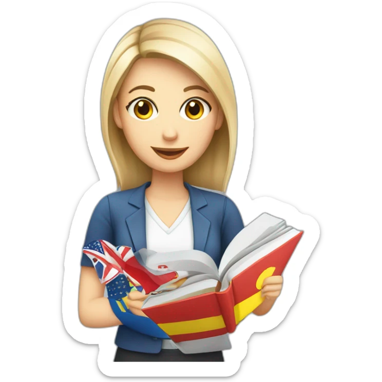 English teacher female with English book with Ukrainian flag  and usa flags sticker