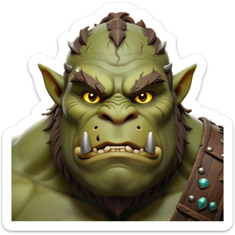 Cinematic Noble Ogre Portrait Emoji, Majestic and imposing, with a rugged, muscular form in deep earthy greens and browns, adorned with battle scars and subtle tribal markings, exuding calm, noble strength and unexpected wisdom, simplified yet strikingly detailed, glowing with a shadowy outline that captures the essence of a gentle giant with fierce heart! sticker