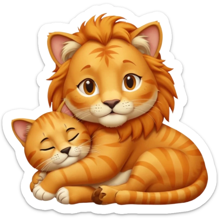 Animal Gata masajeando con la mano derecha la cabeza de un león  sticker