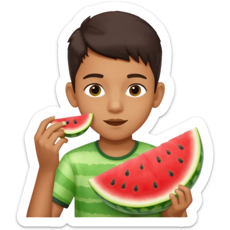 a watermelon with a indian 13 yearold boy who is a little fat eating it sticker