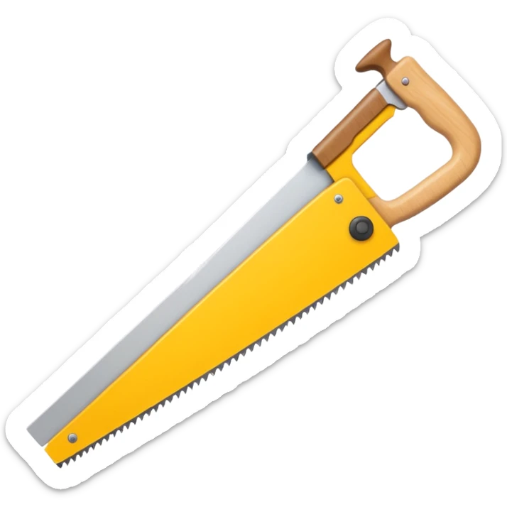 Combine the concept of indecision and a woodworking hand saw. The emoji should clearly show hesitation or uncertainty (e.g. a confused facial expression, or a split decision gesture) integrated with a classic wood saw. Simple, clean emoji style, bold shapes, minimal details sticker