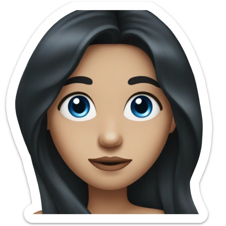 Girl with long black hair and blue eyes with the smallest bit of acne sticker