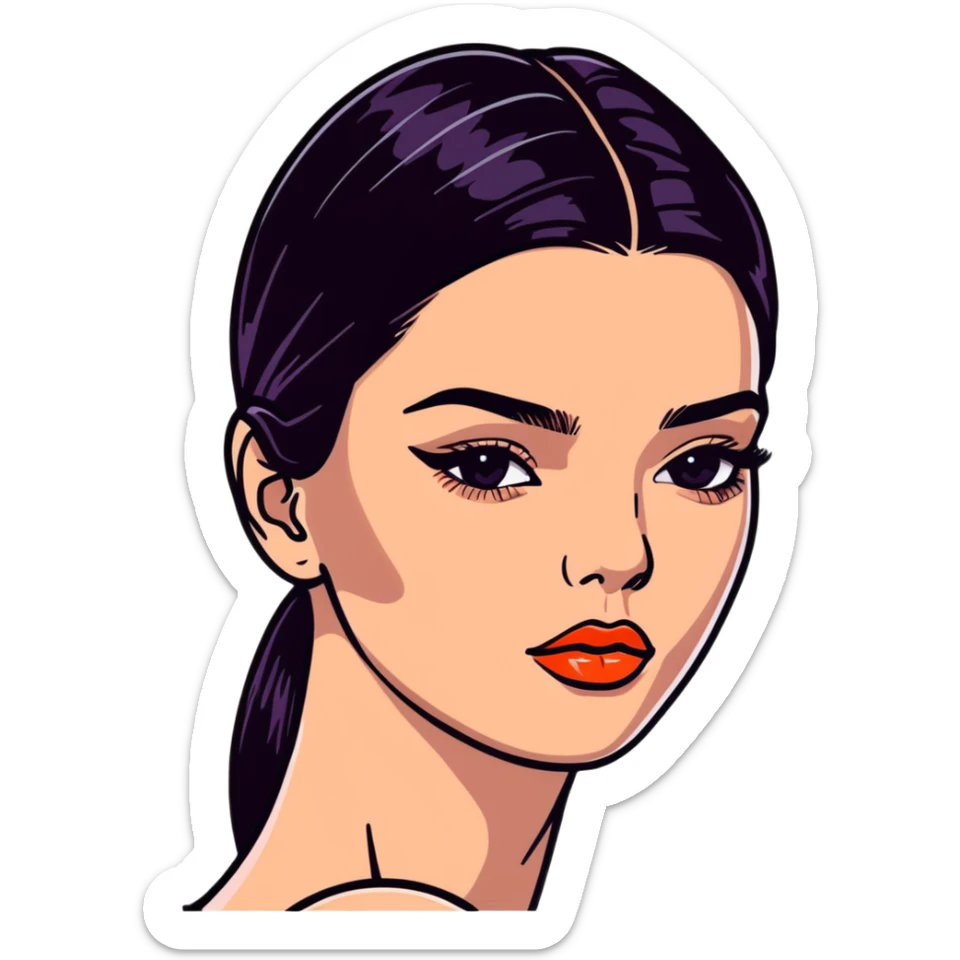 Kendall Jenner, fashion icon, elongated face, plump lips with glossy lipgloss shine sticker