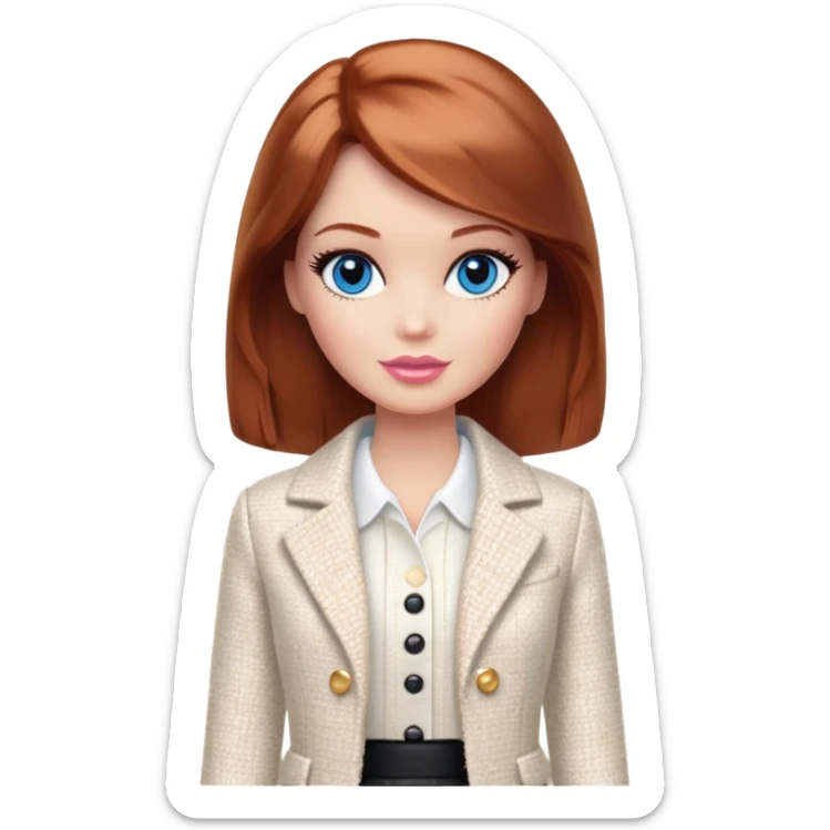 A Barbie girl with blue eyes, shoulder-length reddish-brown hair with makeup, wearing a white tweed jacket and a black skirt stands with cream sticker