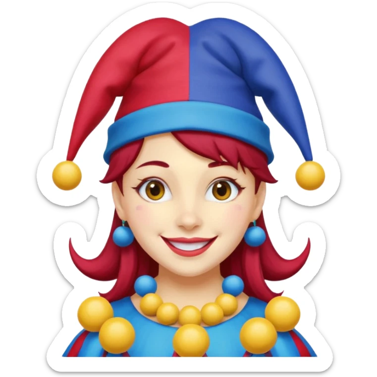 Girl with red and blue jester hat with yellow balls on the ends of the jester hat smiling with rosy cheeks and dark hair sticker