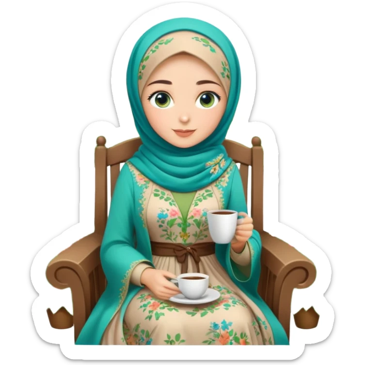 Turkish beautiful finish Konya girls blue eyes with Beautiful light brown green floral hijab long tail dress and in a lovely garden sits on the chair on the ground and holds cup coffe with her hand  sticker