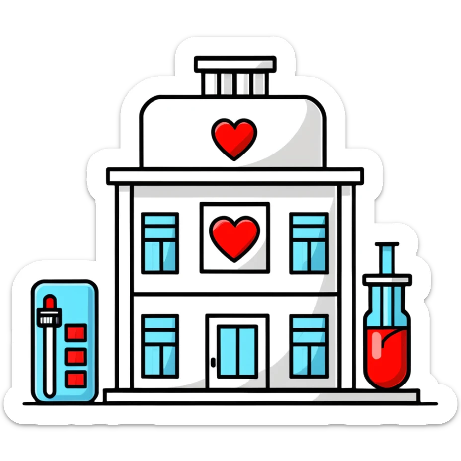 Modern medical clinic building with red cross symbol, test tubes, and heart icon sticker