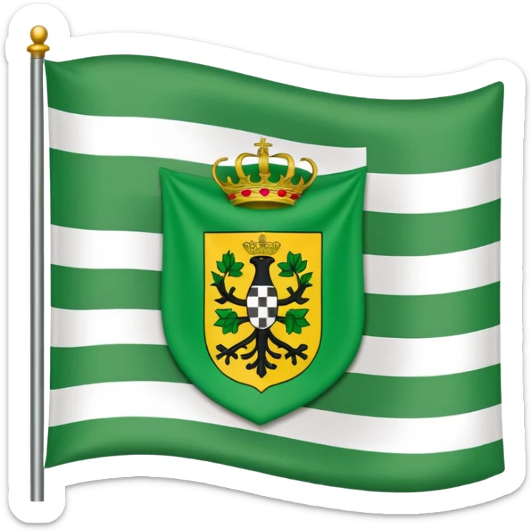 waving flag of Extremadura, Spain, apple emoji style, three horizontal stripes green white black, with coat of arms in the center sticker