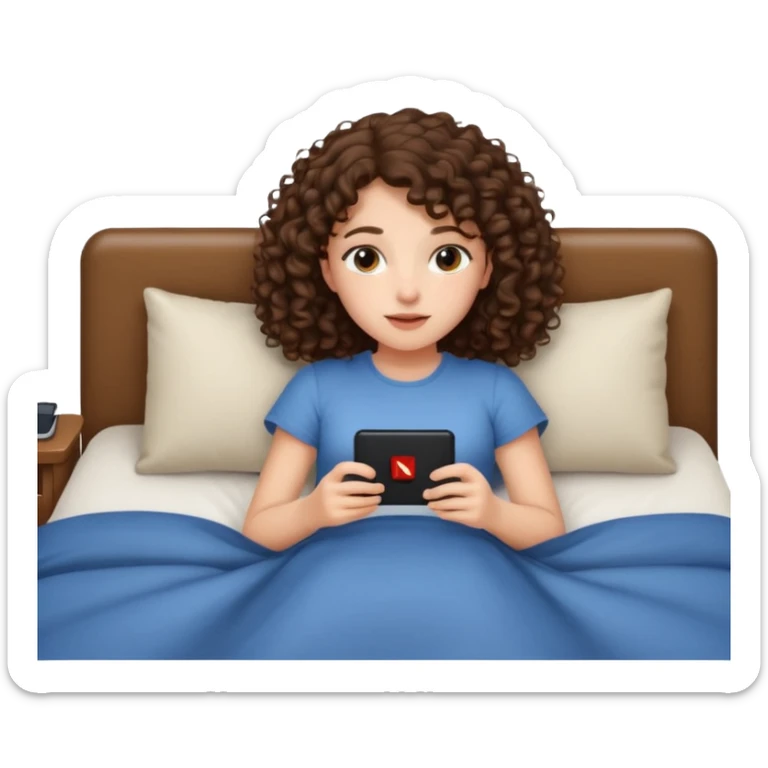 A girl, brunette with curly hair down to her shoulders, watching TV. Have her lie down on the bed, and put on Netflix on the TV. sticker