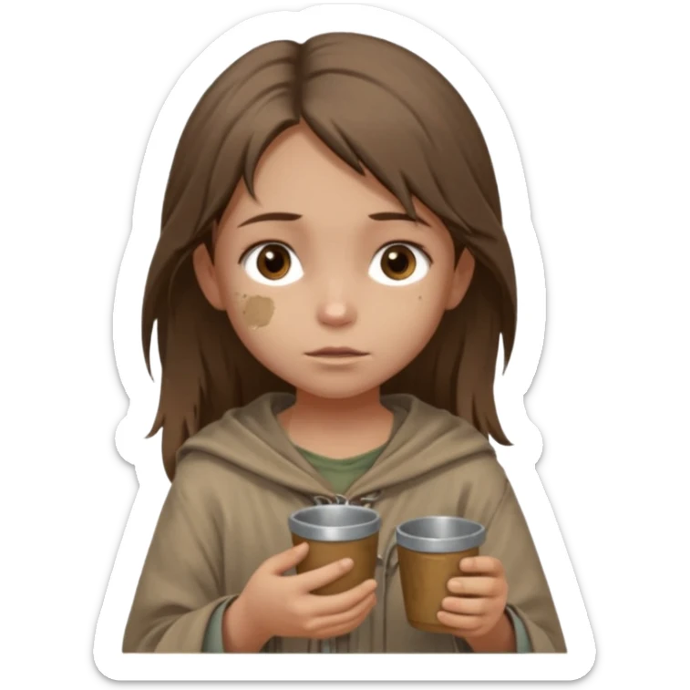 little beggar girl character, chest-up portrait, loose slightly messy hair, worn and oversized clothes in neutral earth tones, tired but gentle eyes, subtle dirt marks on face, holding small metal cups for coins, humble and innocent expression sticker