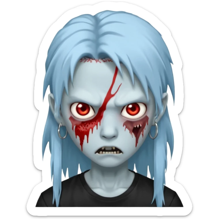  3D emoji-style avatar with very pale blue-grey zombie skin , a young Asian face, and large eyes with blood tears. Give it white litle bit messy long mullet hair style , silver hoop earrings, and a plain black T-shirt. The face expression should be slightly angry, with vampire fang sticker