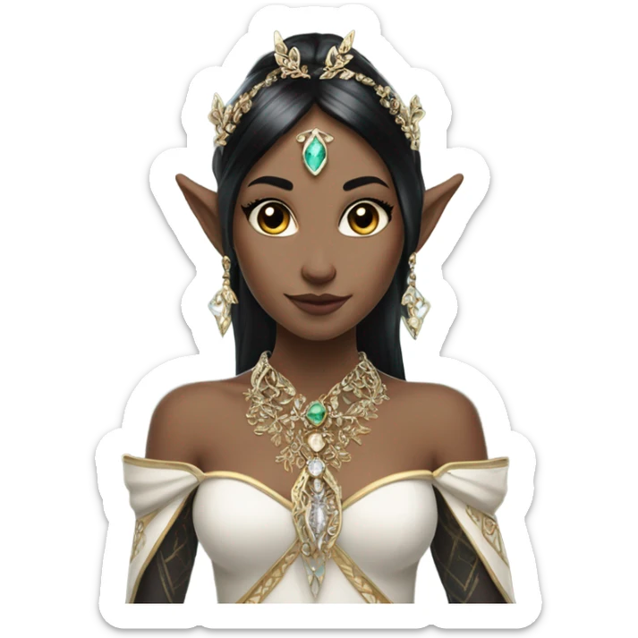 elf princess with pointy ears, white skin, BLACK hair with jewellery,  sticker