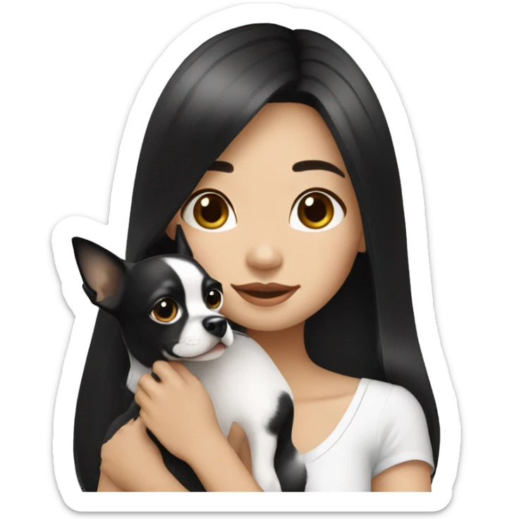 long black hair Thai girl with Chihuahua black and white. sticker