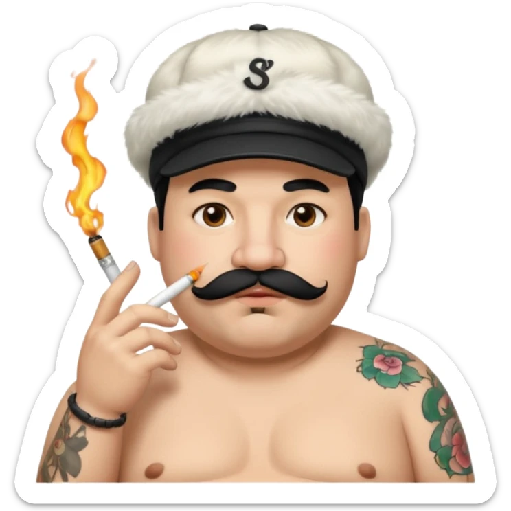 a fat father with white fur, black hair, a hip hop cap, a tattoo with a cigarette in his mouth, and a mustache. sticker