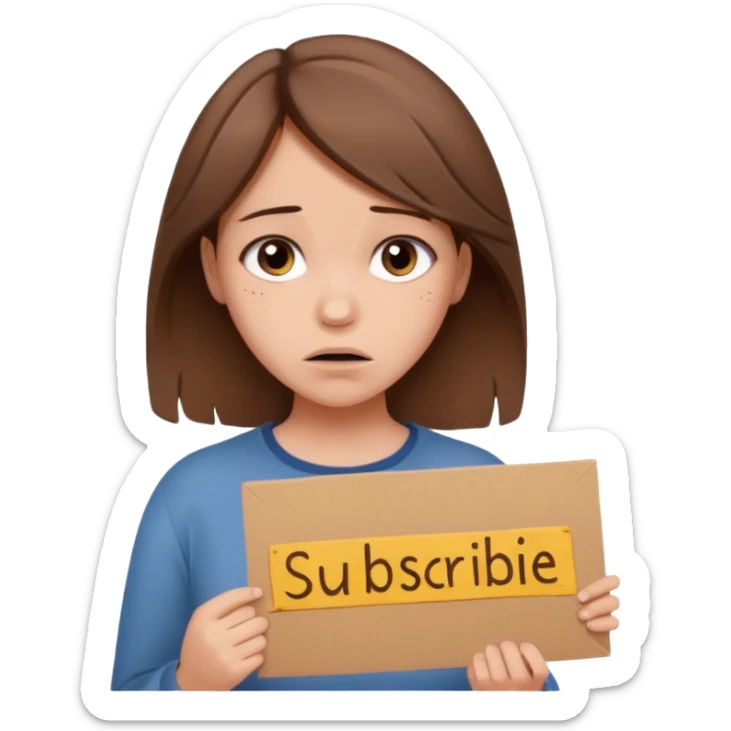 Sad realistic emoji of a young woman with messy hair, holding a cardboard sign that says "PLEASE SUBSCRIBE", emotional begging expression, cinematic lighting, shallow depth of field, soft blurred background, high detail, viral social media style sticker