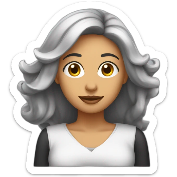 Mujer blanca de cabello negro rulo hasta los hombros trabajando frente al computador  sticker
