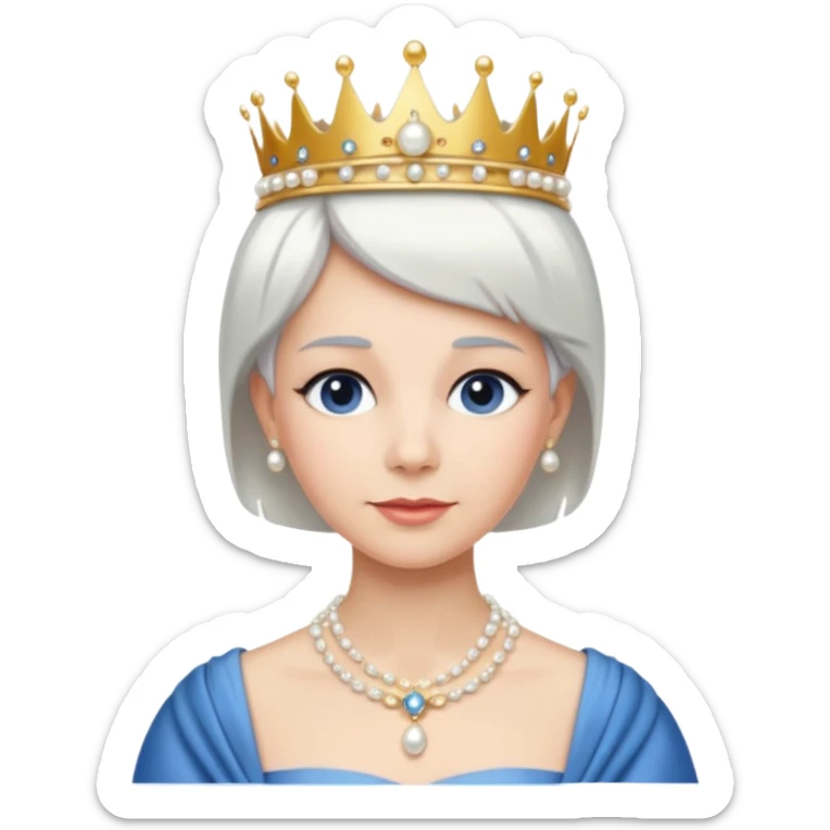 Queen with white short hair – gold tiara, pearl necklace, elegant gown, blue dress sticker