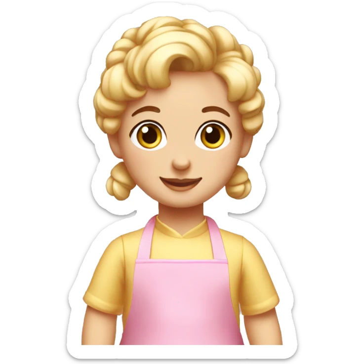 create a gif of a little baker's doll, with a pink apron, blonde hair with a bun who is happy sticker