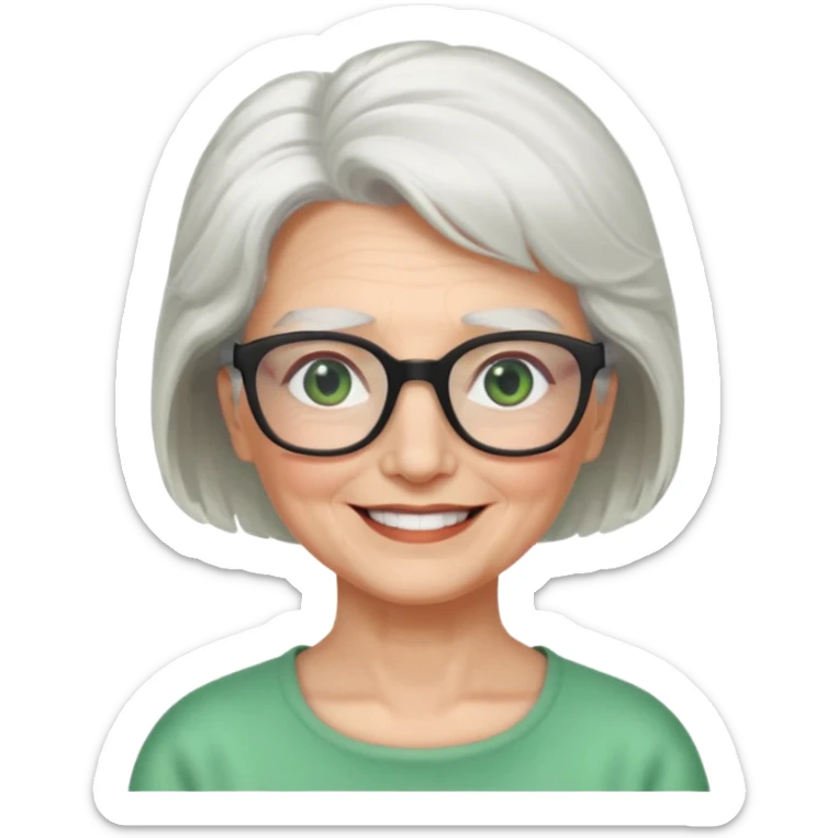 White hair grandma, green eyes, hair to shoulder, lokeg black glasses, rectangles face, smile , sticker
