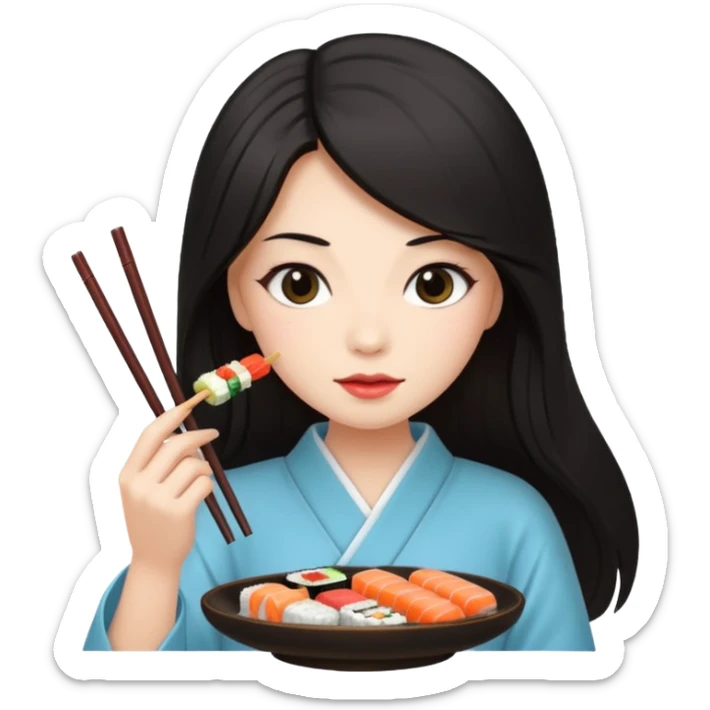 czarnowłosa ksieżniczka w dlugich wlosach je sushi sticker