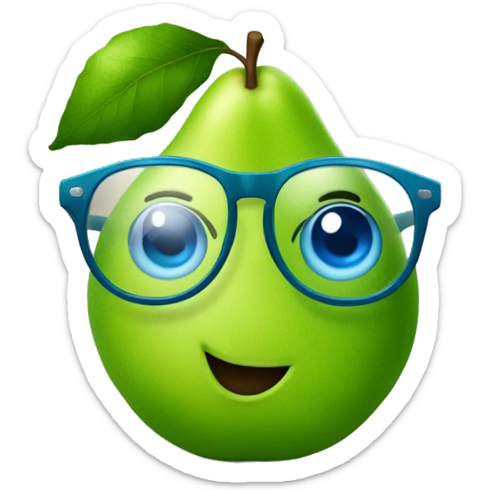 a big green pear with blue eyes and a pair of round glasses sticker