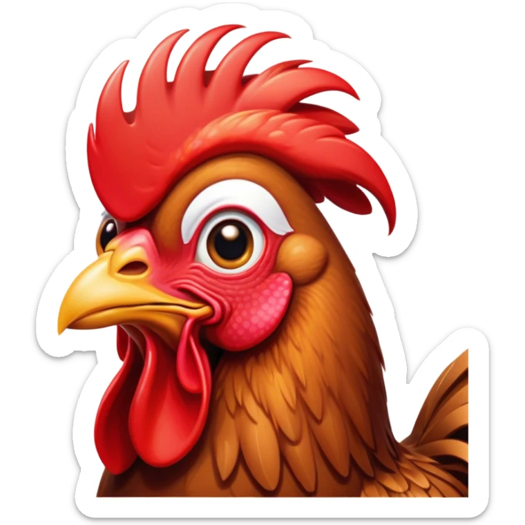 Cinematic Cute Brown Rooster Portrait Emoji, Head tilted playfully and inquisitively, featuring a glossy, immaculate brown plumage with a vibrant red comb, round, sparkling warm eyes filled with curiosity, Simplified yet irresistibly adorable features, highly detailed, glowing with a warm, friendly glow, high shine, affectionate and spirited, stylized with a touch of farmyard whimsy, bright and endearing, soft glowing outline, capturing the essence of a mischievous yet loving rooster, so playful it feels like it could strut out of the screen and into your arms! sticker