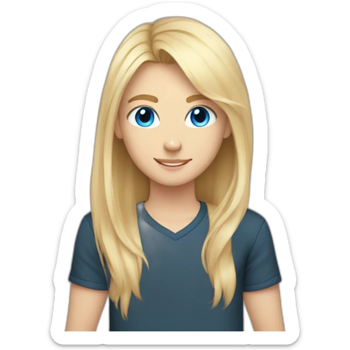 young male with blonde hair, black shirt and blue eyes with his girlfriend with bright long blonde hair, beige shirt and blue eyes. In the middle is a cute cat sticker