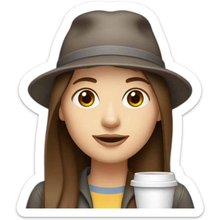 woman with long straight brown hair and pale skin and wearing a laptop hat and drinking coffee sticker