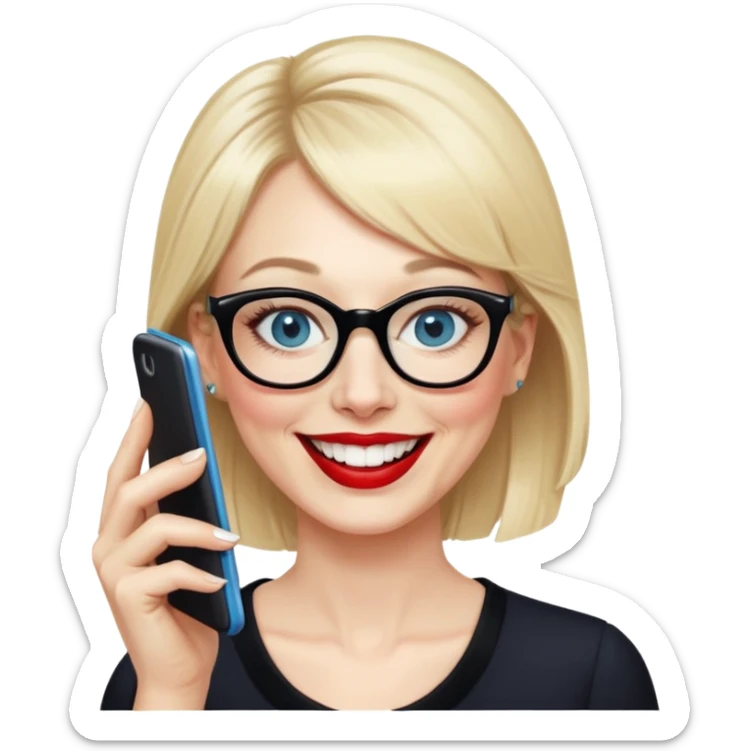 Pin up Woman in her early 50s with pale skin, wider face, blue eyes with eyeliner, thin eyebrows, red lipstick, blonde hair up with bangs, wearing black glasses. Laughing on a mobile phone  sticker