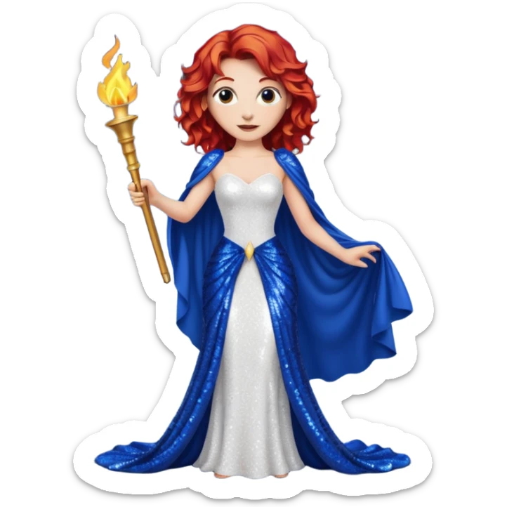 Torch Lady from Film Studios with red wavy hair, white sequin gown, royal blue sequin drape, holding torch sticker