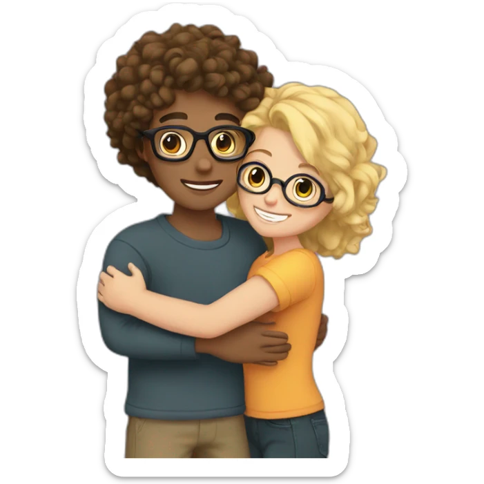boy with curly blonde hair and glasses hugging girl with black hair and glasses sticker