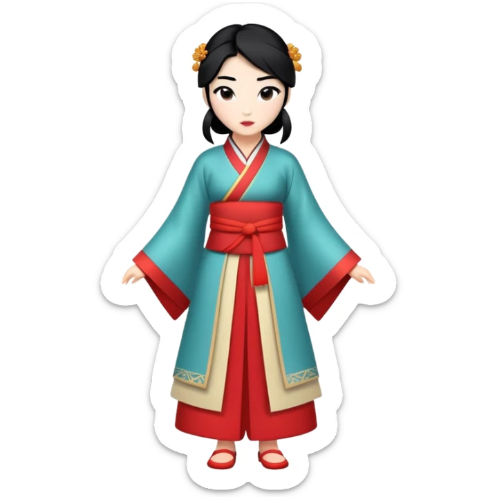 full body Mulan with traditional Chinese outfit, black hair, minimal style sticker