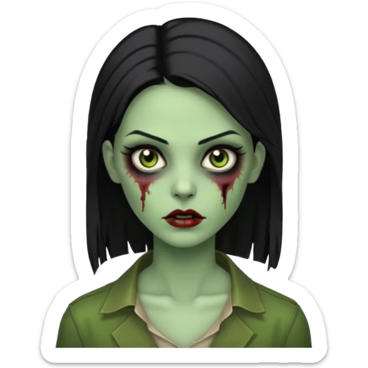 Faça uma zombie mulher bonita verde com olhos castanhos cabelos pretos partido ao meio liso, com estilo  sticker