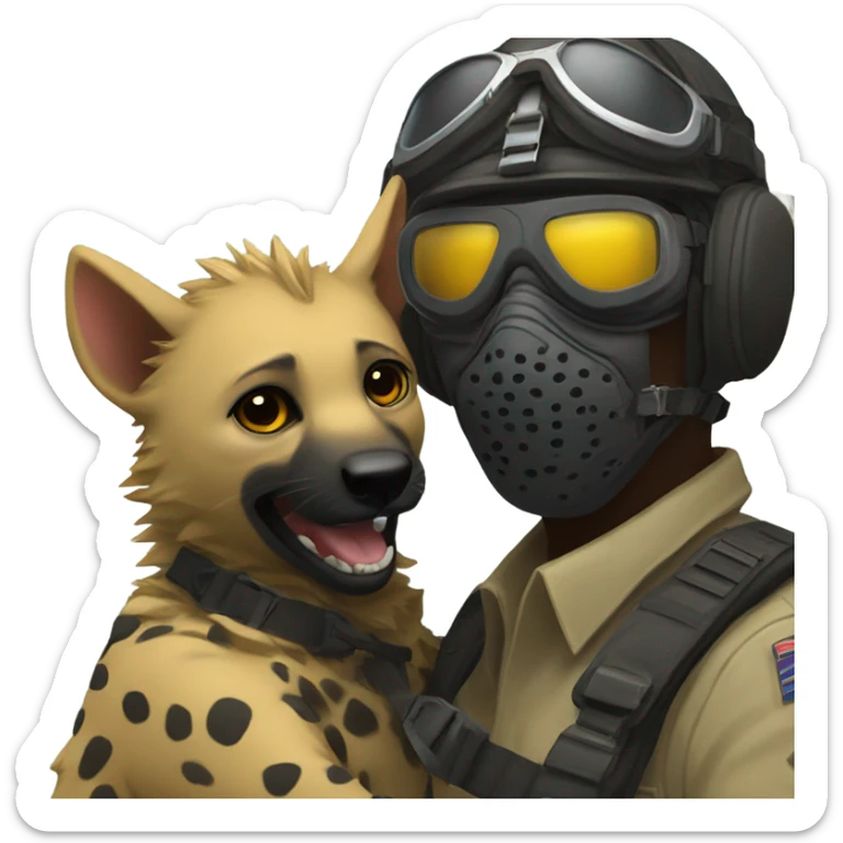 Yellow army Pilot with black mask googles, and then a big hyena hugging him sticker