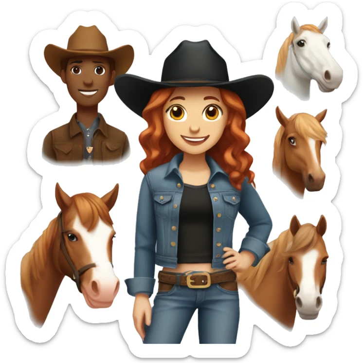 Girl with short red hair, with brown eyes, smiling, wearing a denim jacket and black shirt and a brown cowgirl hat, with her brown horse next to her that has a white spot on her forehead. sticker