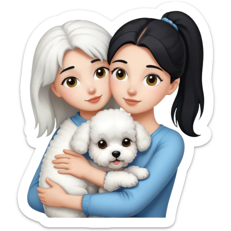 One long face girl with straight black hair in a ponytail，hugging one Bichon frise sticker
