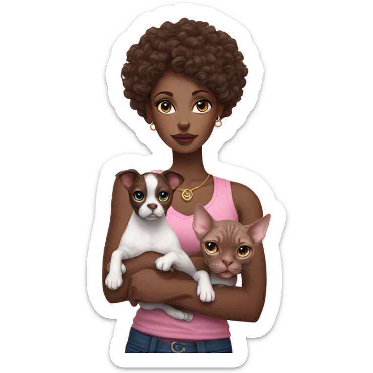 Beautiful tattooed curly dark brown haired woman holding a boxer dog and  pink sphinx cat with blue eyes sticker