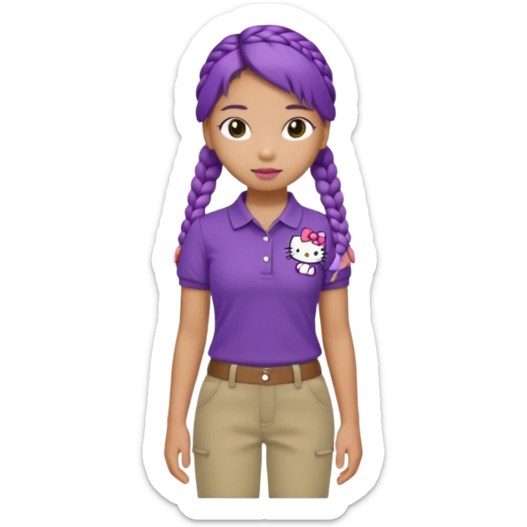 hello kitty wearing purple polo shirt and kyaki pants with long fishtail braids baddie sticker