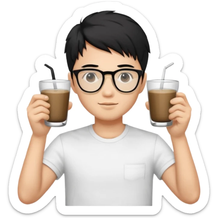 young handsome Asian man with black coffee colored hair, wearing white T-shirt, black framed glasses, holding glasses, very smart, emoji style sticker