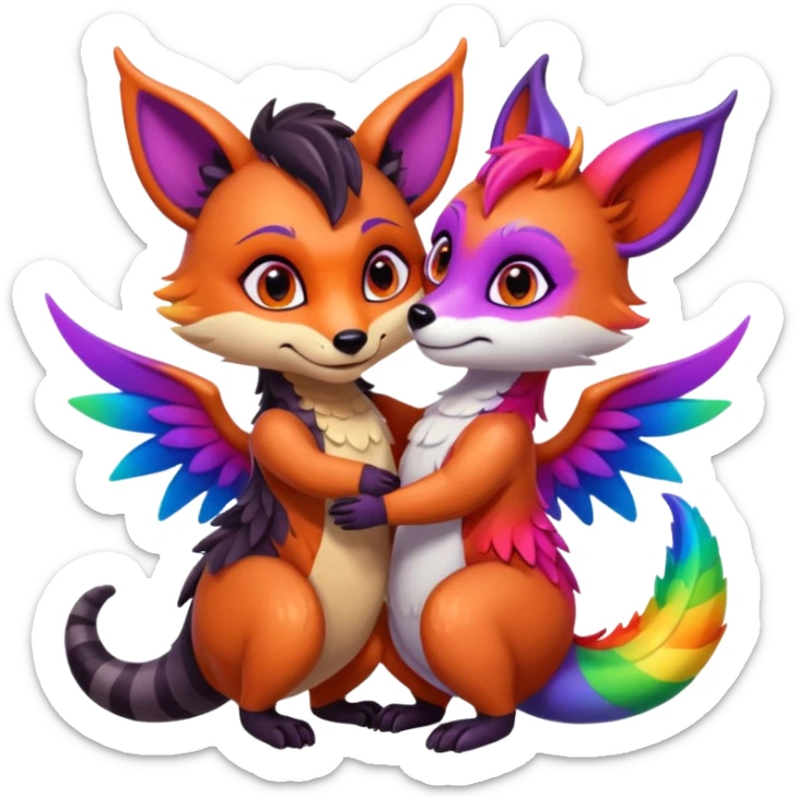 black female raccoon dragon hybrid with rainbow colored wings and purple eyes giving a hug to a red female fox dragon hybrid with rainbow colored wings and orange eyes sticker