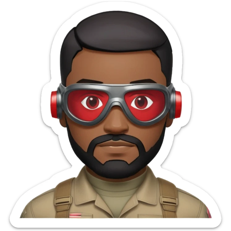 sam wilson have a short, neatly cropped black hair. It is evenly trimmed and close to the scalp, maintaining a clean and military-inspired and  a well-groomed beard that connects to his mustache,  wear sleek, red-tinted tactical goggles fit snugly from captain america: civil war sticker