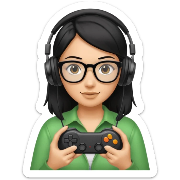 
gamer, woman shiny black hair no eyebrows with glasses, headphone, gamepad sticker