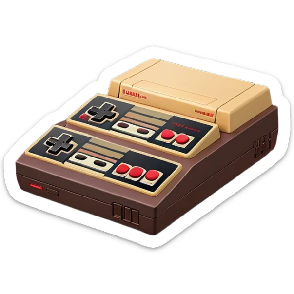 Clash of Clans aesthetic: Cinematic Playful NES Console Portrait Emoji, rendered in a 3D vector-style similar to standard emojis with minimal shading and bold, simplified shapes. A compact, distinct form with signature details, softly glowing with a nostalgic gaming charm. Simplified yet unmistakably iconic, highly detailed and consistent, glowing with a soft radiance and high shine. Stylized with a touch of retro gaming magic and a soft glowing outline, capturing the essence of a beloved gaming relic with a friendly, playful manner! sticker
