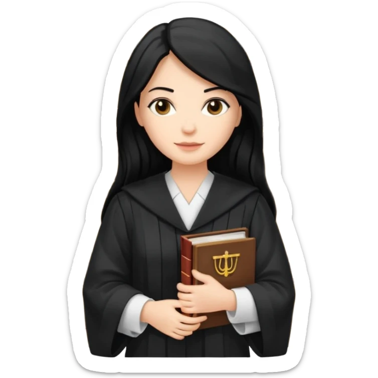 white-women-with-long-black -hair-lawyer-in-lawyer’s-robe. Have law book in hand with bookshelf full of law books in the background. sticker