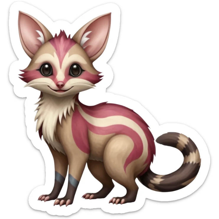 Oriental Painted Zooming Happy Realistic Star-swirled Zany Minccino-Opossum-Numbat-Lykoi-Sphynx-Zangoose-fusion-hybrid-animal-Fakémon-creature, full body, thin long sleek scaly tail, intricate markings sticker
